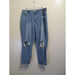 American Eagle Womens Sz 20L Mom Jean Capri Cropped Jeans Medium Wash Distressed